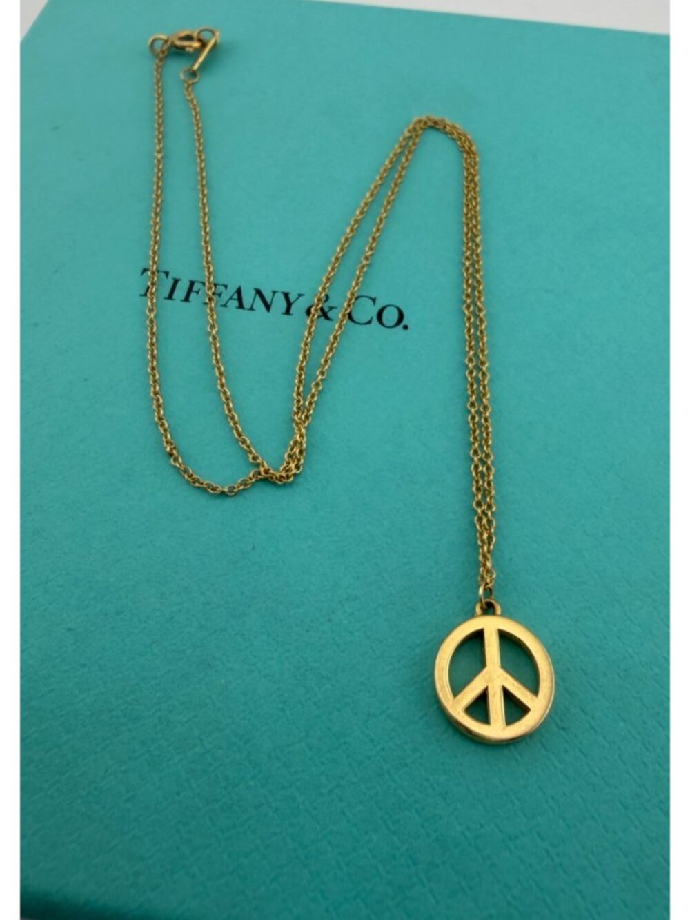 Tiffany & Co. 18k Mini Peace Sign Pendant Charm Necklace 16" Yellow Gold